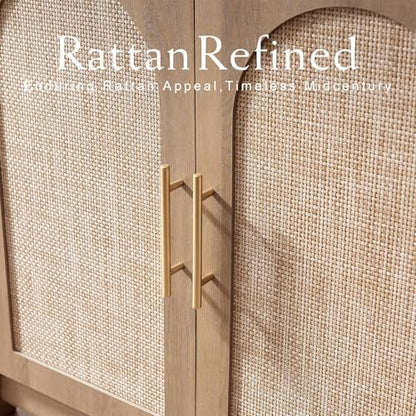 Rattan Arched Cabinet Bookshelf - 69.3” Tall Mid Century Display Cabinet, Rounded Bookcase with Rattan Doors, Open Shelf Storage for Dining Room (Caramel Oak, 1 PC)