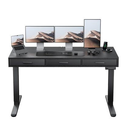Electric Standing Desk with Drawers, C-Clamp Mount Compatible, 55 x 28 Inch Height Adjustable Sit Stand Desk, Fabric Drawers, Home Office Stand Up Desk with 4 Custom Height Settings, Black