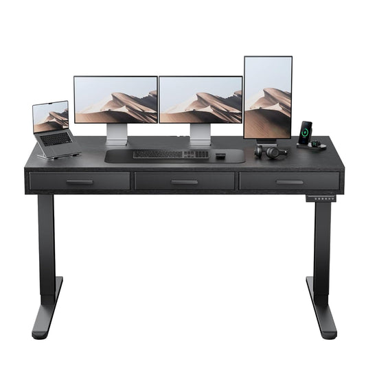 Electric Standing Desk with Drawers, C-Clamp Mount Compatible, 55 x 28 Inch Height Adjustable Sit Stand Desk, Fabric Drawers, Home Office Stand Up Desk with 4 Custom Height Settings, Black