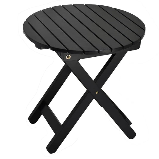 Outdoor Small Table, Round Folding Wooden Patio Side Table Furniture End Table for Adirondack Chair, Balcony, Porch, No Assembly Required, Black