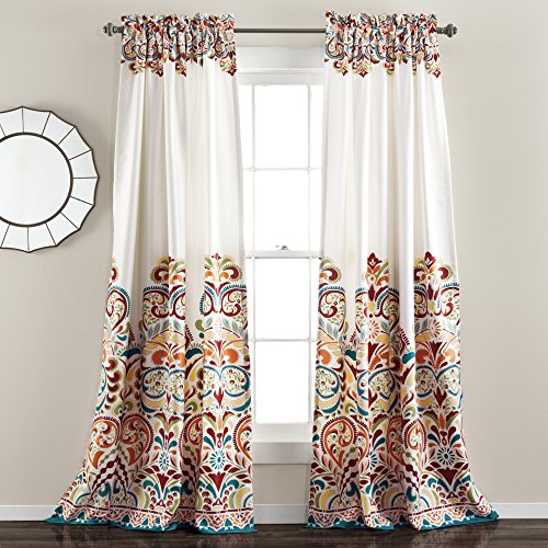 Clara Curtains Paisley Damask Print Bohemian Style Light Filtering Window Panel Set for Living, Dining, Bedroom (Pair), 52" W x 95" L, Turquiose & Tangerine