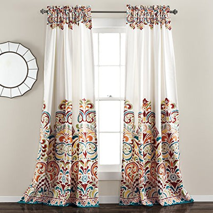 Clara Curtains Paisley Damask Print Bohemian Style Light Filtering Window Panel Set for Living, Dining, Bedroom (Pair), 52" W x 95" L, Turquiose & Tangerine