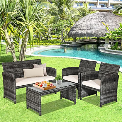 4-Piece Rattan Patio Furniture Set, Outdoor Wicker Conversation Sofa with Weather Resistant Cushions and Tempered Glass Tabletop for Lawn Backyard Pool Garden (Beige)