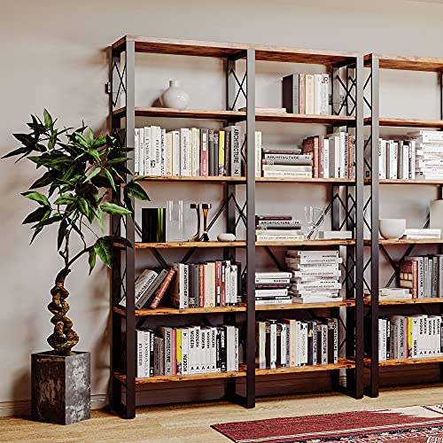 Bookshelf Double Wide 6-Tier 76" H, Open Large Bookcase, Industrial Style Shelves, Wood and Metal Bookshelves for Home Office, Easy Assembly