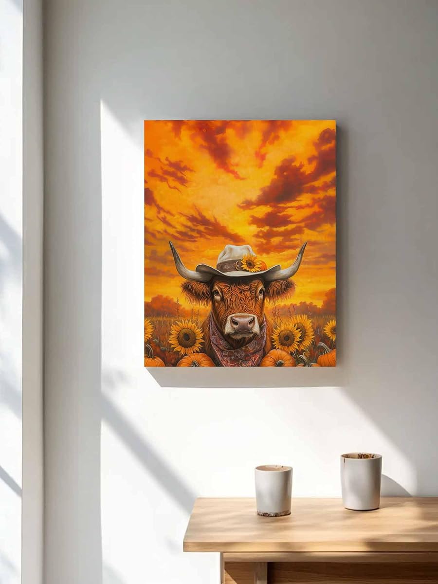 NuYeBiofx Thanksgiving Pumpkin Farm Yak Canvas Wall Art Prints,30"x20" Framed Picture Artwork Gradient Orange Sky Printed Canvas Oil Painting for Living Room Bedroom Office,Ready to Hang
