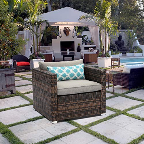 Outdoor Single Chairs All Weather Handwoven Mottlewood Brown Rattan w Warm Grey Cushion w Pillow for Garden, Poolside, Backyard