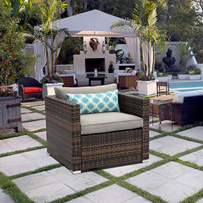 Outdoor Single Chairs All Weather Handwoven Mottlewood Brown Rattan w Warm Grey Cushion w Pillow for Garden, Poolside, Backyard