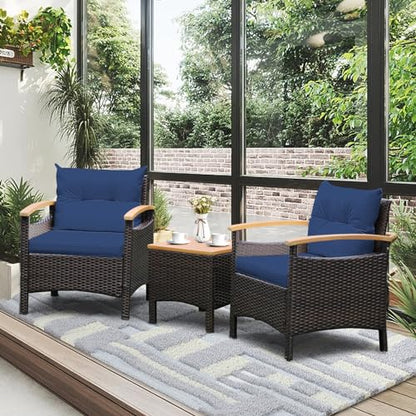 3-Piece Patio Furniture Set, Patiojoy Outdoor Rattan Sofa Set with Coffee Table, Patio Conversation Set with Removable Cushion, Cozy Acacia Wood Armrests for Backyard, Poolside (Navy)