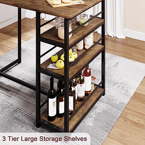 Dining Table Set for 2, Kitchen Table and Upholstered Chairs for 2, 3 Piece Counter Height Bar Table Set with 3 Large Storage Shelves for Small Space, Apartment, Studio, Rustic Brown