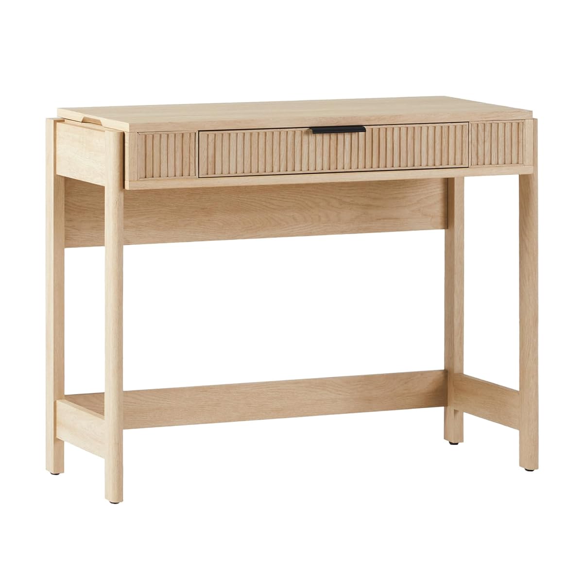 Transitional Style Furniture, Reeded Detail, Lift-Top Desk with Drawer and Storage Cubby, Sitting to Standing Desk, Soft Self-Close Desktop, 38 Inch, Coastal Oak