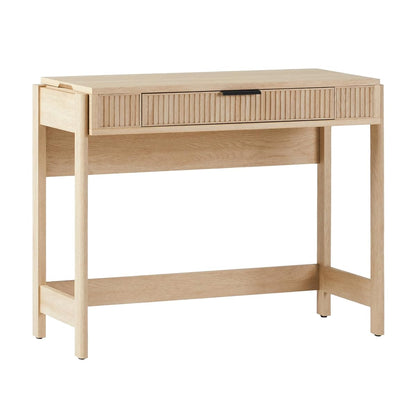 Transitional Style Furniture, Reeded Detail, Lift-Top Desk with Drawer and Storage Cubby, Sitting to Standing Desk, Soft Self-Close Desktop, 38 Inch, Coastal Oak