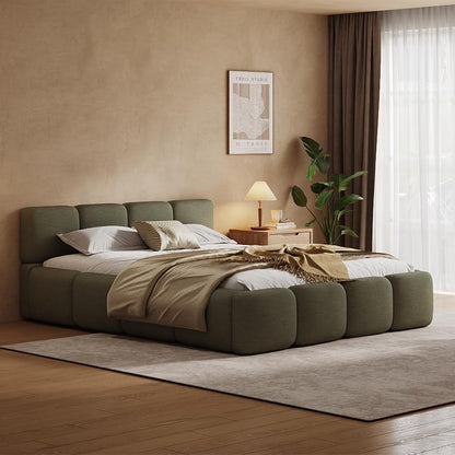 Queen Linen Blend Platform Bed, Thick Headboard and Footboard, Green, view 4