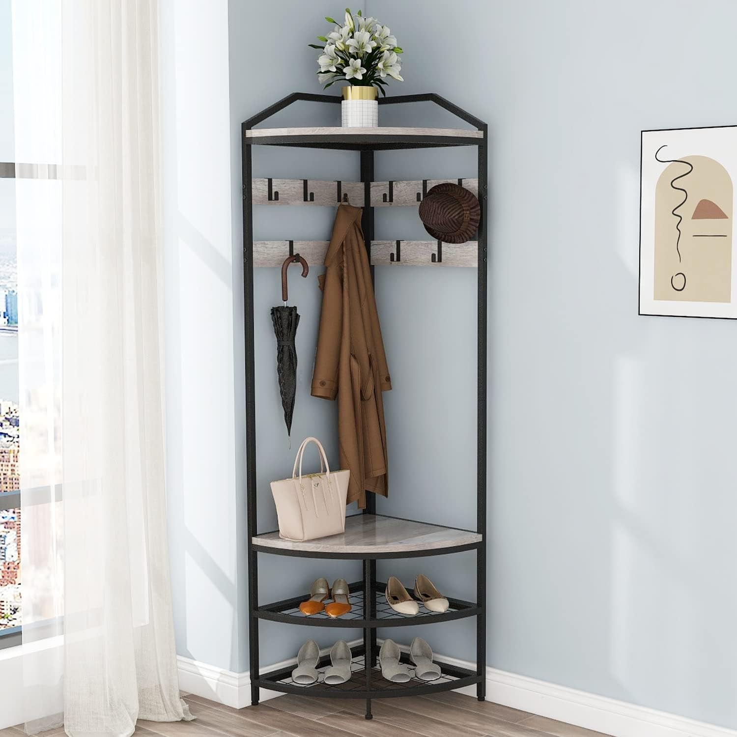Grey Corner Hall Tree with Shoe Bench Entryway Coat Rack with 10 Metal Movable Hooks Rustic Farmhouse Floorstanding Clothes Rack Shoes Shelf Organizer for Home Office Bedroom (Greige)