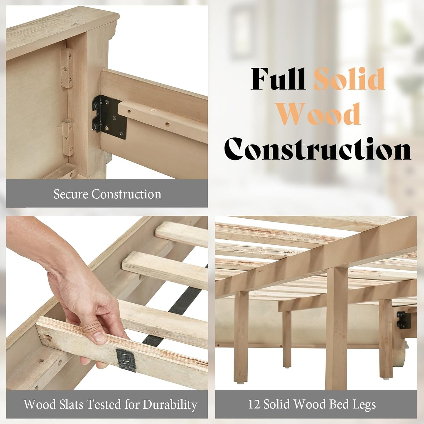 68.1" H King Size Bed Frame with Upholstered Headboard, Solid Wood Farmhouse Platform Bed, Architectural Design, No Box Spring Needed, Light Oak