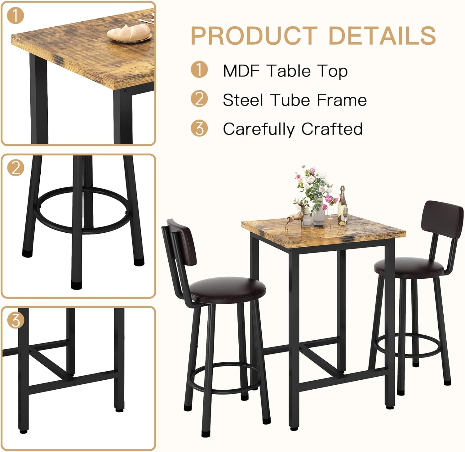 3 Piece Pub Dining Set, Modern Bar Table and Stools for 2 Kitchen Counter Height Wood Top Bistro Easy Assemble for Breakfast Nook Living Room Small Space Restaurant, Rustic Brown 24”