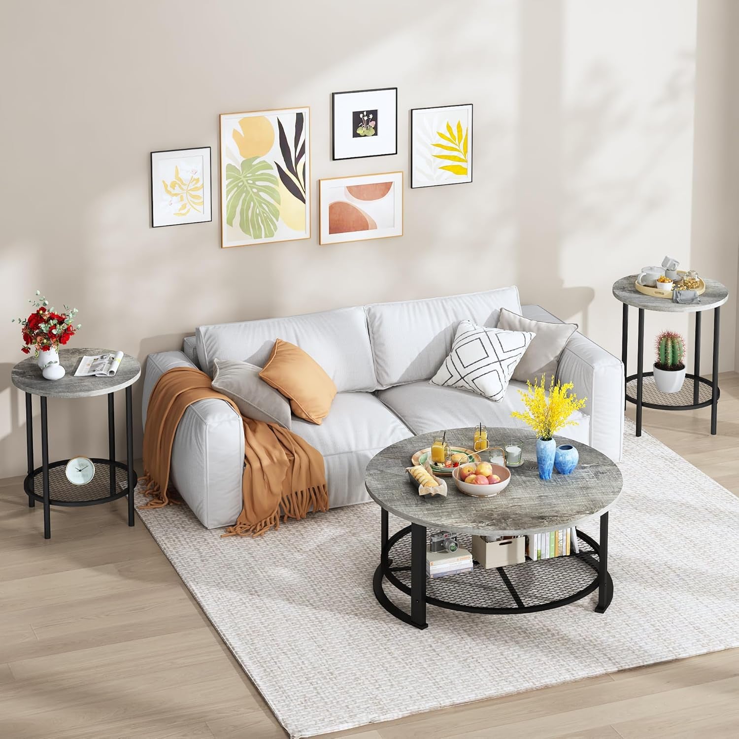 Living Room Coffee and End Table Sets, Wooden Modern Rustic Center Table with Two Side Tables, 3 Piece Living Room Coffee Table Set with Storage for Living Room, Apartment (Grey)