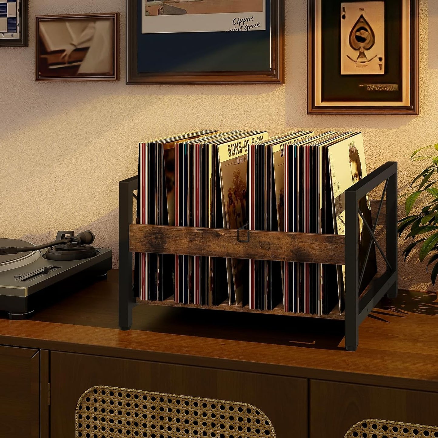 Vinyl Record Holder, Wooden Record Crate Fits 7” -12” Records, Vinyl Shelf Holds up to 50-100 Albums, Dvds, Cds or Files Wood Book Storage Stand Desktop Organizer Box, Rustic Brown