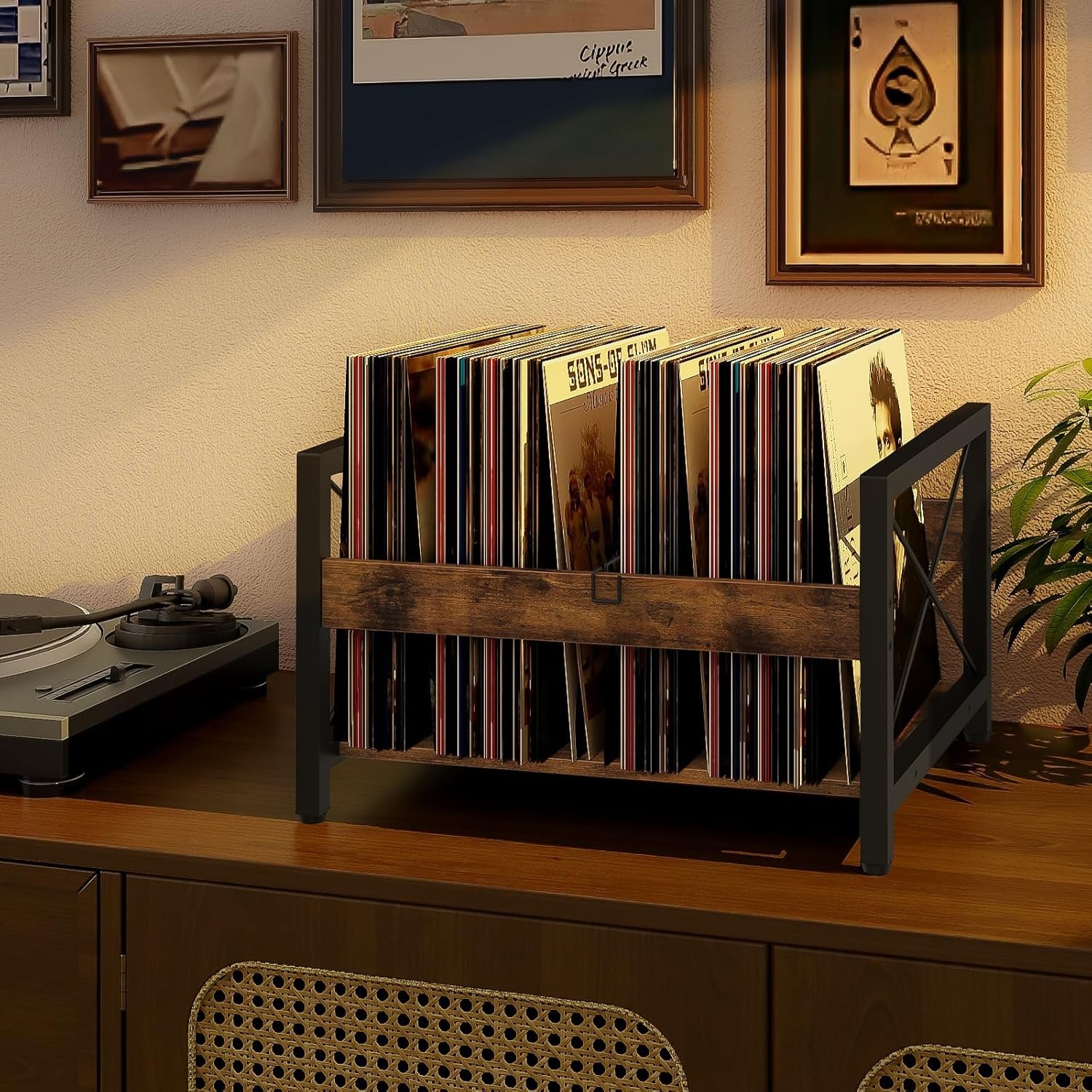 Vinyl Record Holder, Wooden Record Crate Fits 7” -12” Records, Vinyl Shelf Holds up to 50-100 Albums, Dvds, Cds or Files Wood Book Storage Stand Desktop Organizer Box, Rustic Brown
