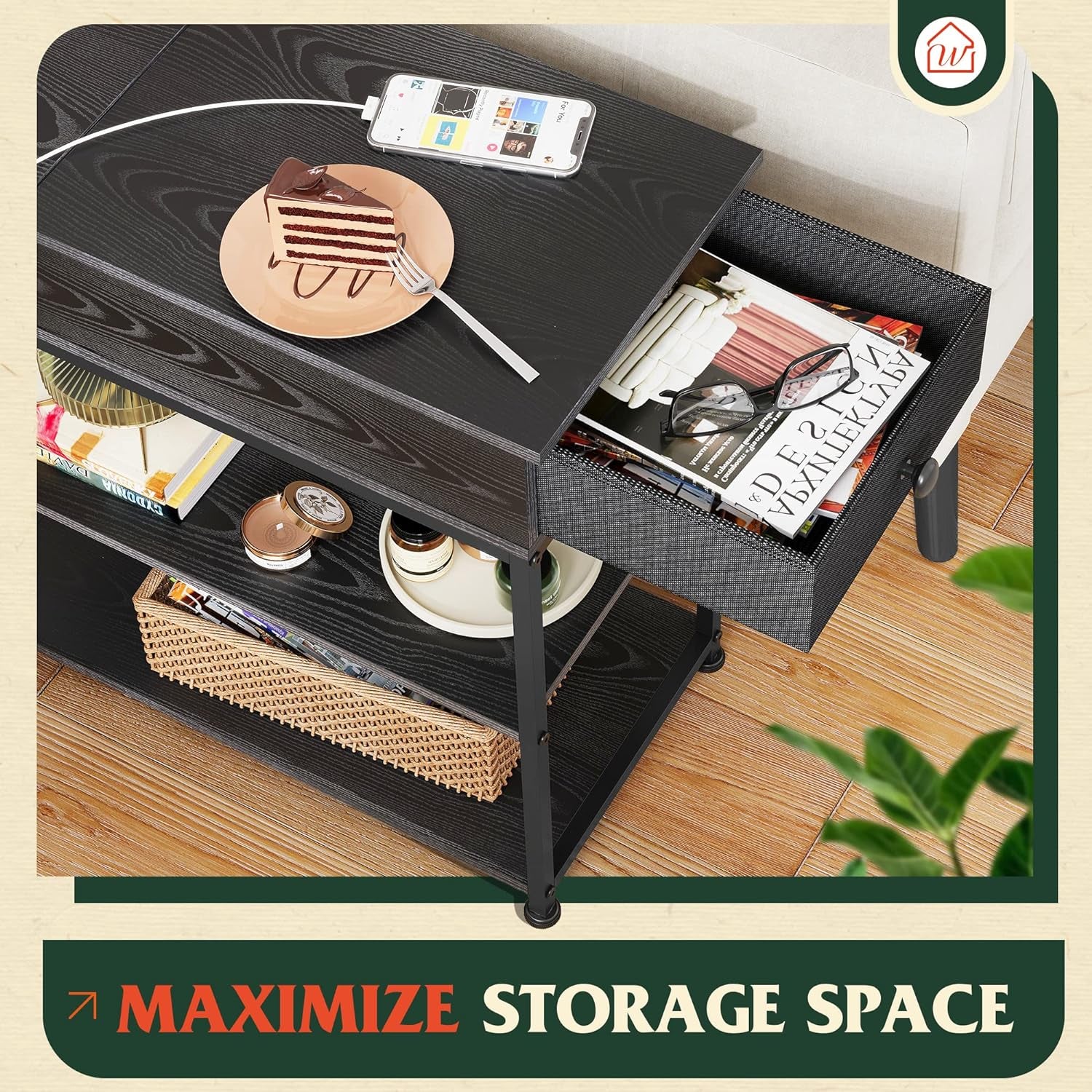 Narrow Side Table with 2 USB Ports and 2 Outlets, Flip Top Black End Table with Drawer and Storage Shelves, Small Nightstand with Charging Station for Living Room/Bedroom