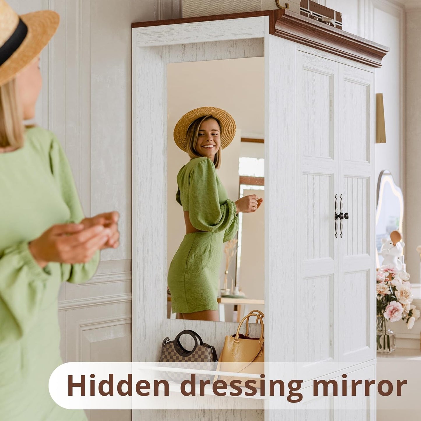 Armoire Wardrobe Closet with Side Half Mirror, 70" Freestanding 4-Door Storage Cabinet for Bedroom, Features Side Hooks, Open Compartments, Hanging Rod & Shelves, White Armoire