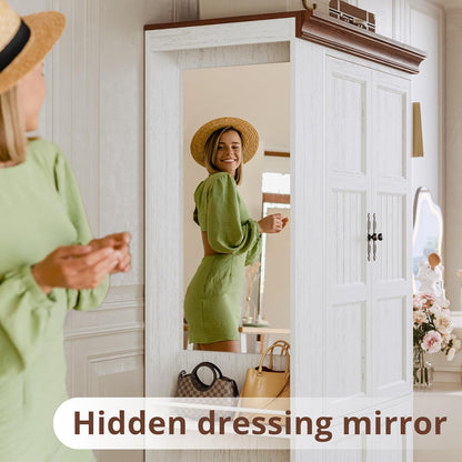 Armoire Wardrobe Closet with Side Half Mirror, 70" Freestanding 4-Door Storage Cabinet for Bedroom, Features Side Hooks, Open Compartments, Hanging Rod & Shelves, White Armoire