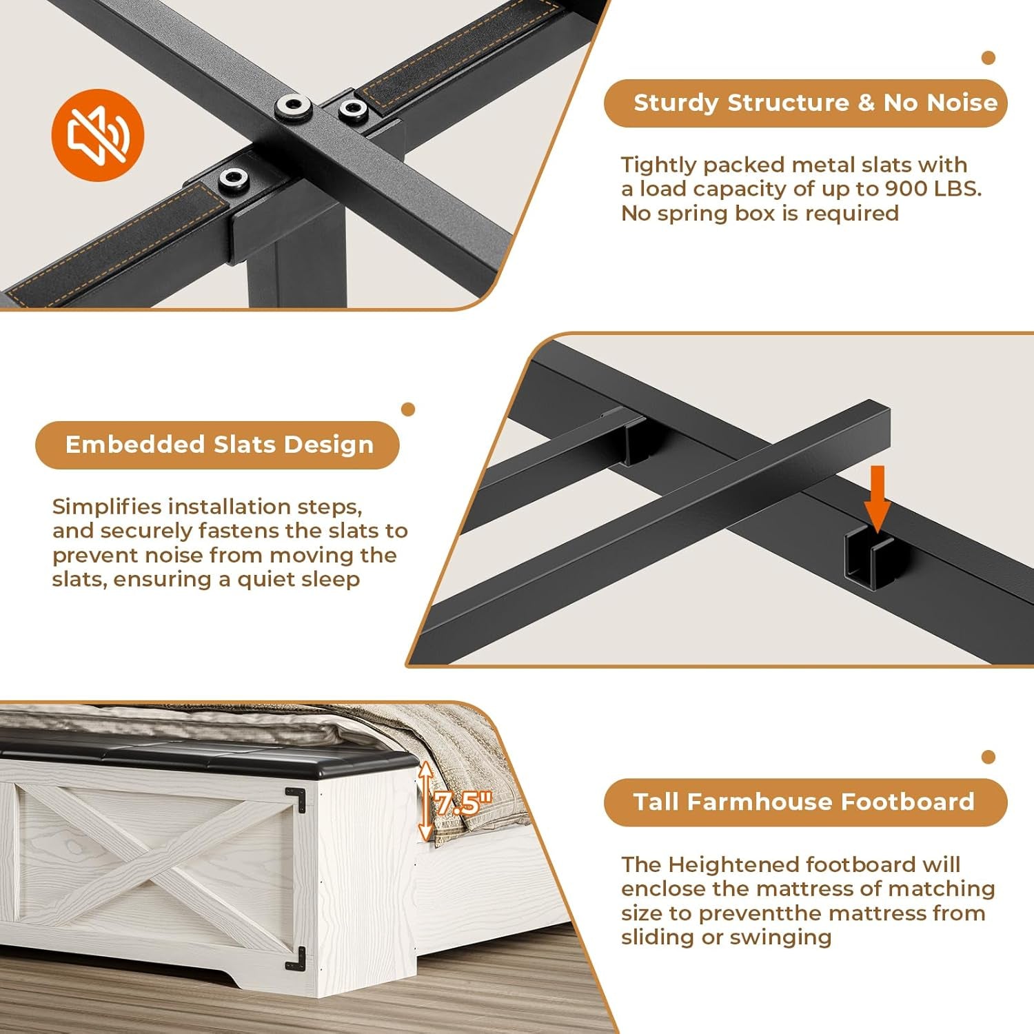 Farmhouse Queen Bed Frame with Storage Headboard, Charging Station and LED Lights Queen Size Platform Bed Frame with Storage Ottoman, Metal Slats Support, No Box Spring Needed, Antique White