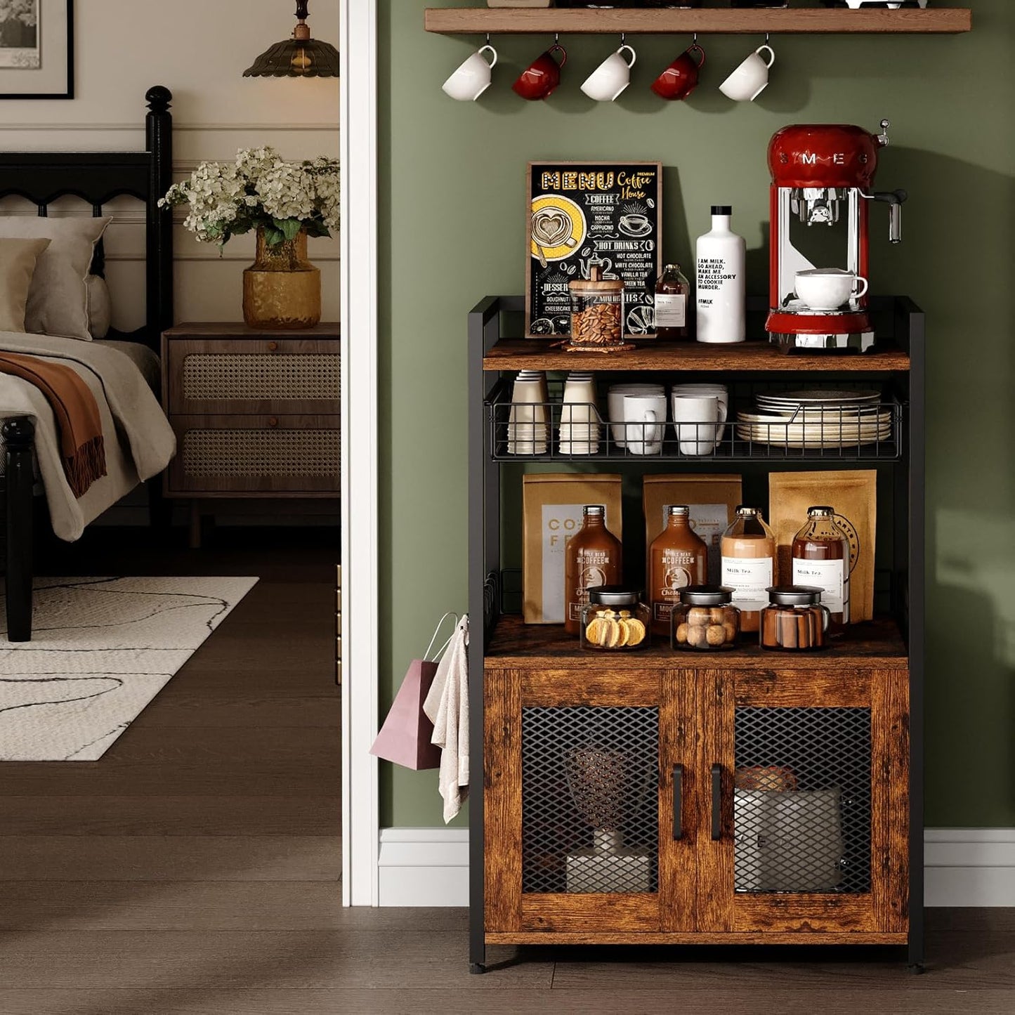 Coffee Bar Cabinet, 3 Tier Coffee Station Table on Wheels, 35.9" H Bar Cart with Wire Basket Drawer & 5 Hooks for Home Kitchen, Liquor Buffet Sideboard Cabinet (Rustic Brown)