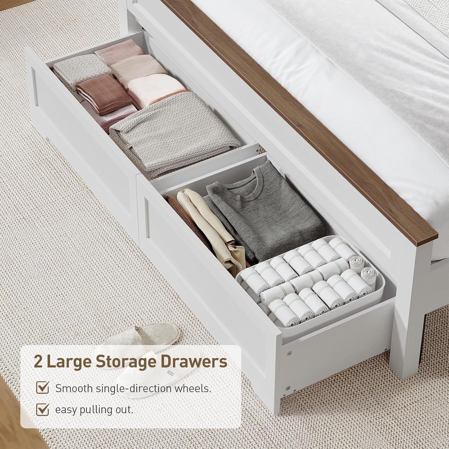 Farmhouse Full Size Bed Frame with 51.2" Tall Headboard & Footboard, Wooden Platform Bed Frame with Large Storage Drawers, No Squeak, No Box Spring Needed, White and Walnut