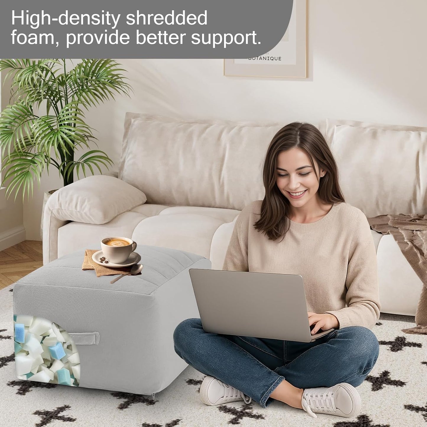 Square Stuffed Pouf Ottoman Foot Rest, Floor Pouf Foot Stool with Foam Chunk Filling, Soft Stuffed Ottoman Footrest for Living Room, Light Grey