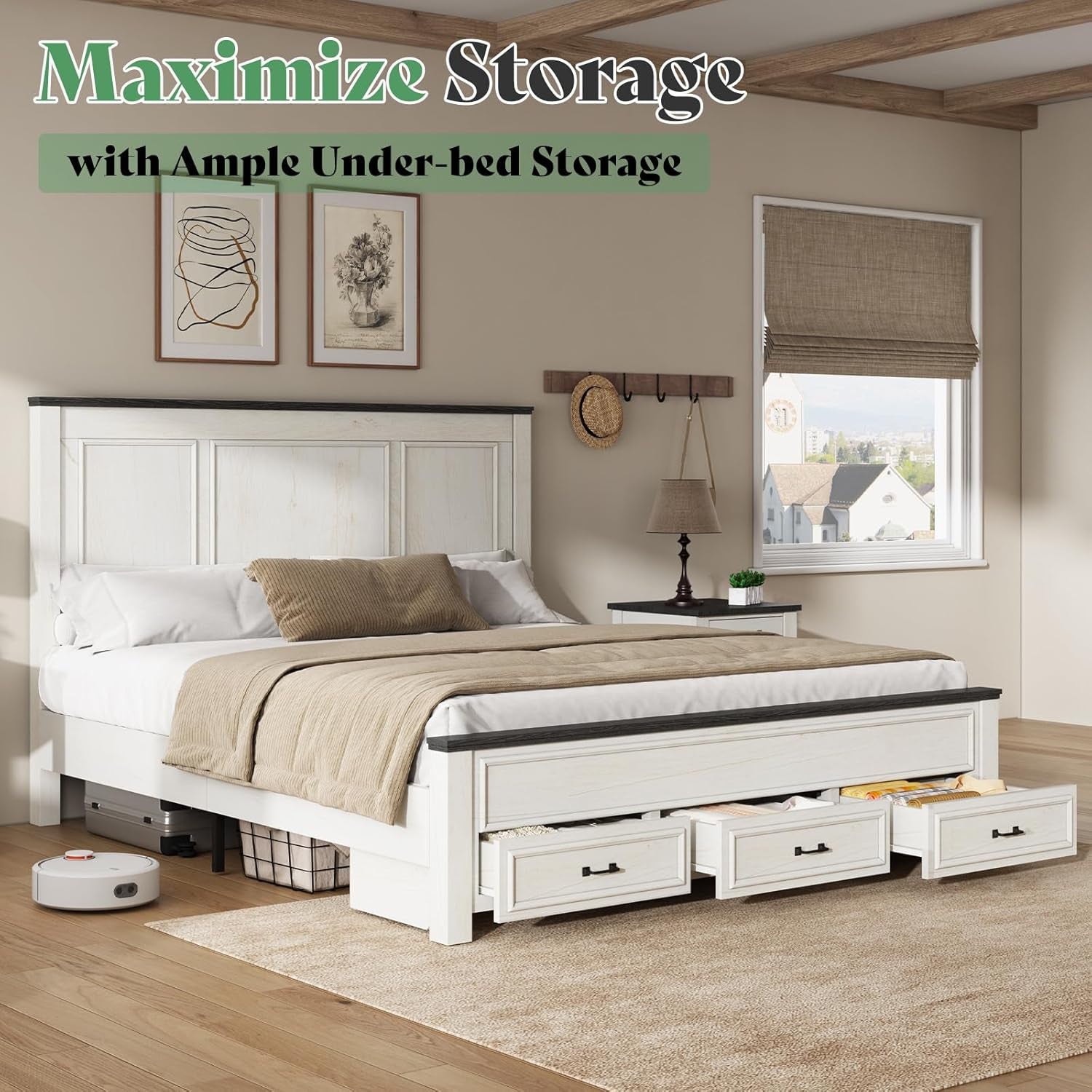 King Size Bed Frame with 52.2" Tall -Panel Headboard & Footboard, Farmhouse Wood Platform Bed Frame with 3 Large Storage Drawers, Noiseless, No Box Spring Needed, Rustic White