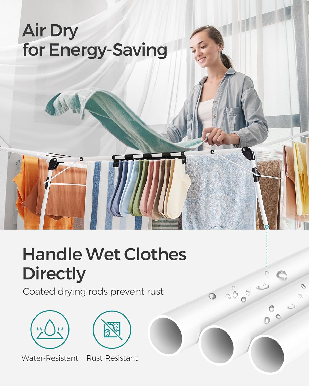 Clothes Drying Rack Foldable, Gullwing Laundry Drying Rack, Space-Saving, 22.2 X 68.1 X 38 Inches, Sock Clips, Metal Structure, for Clothes, Towels, Linens, Indoor, Outdoor White ULLR518W01