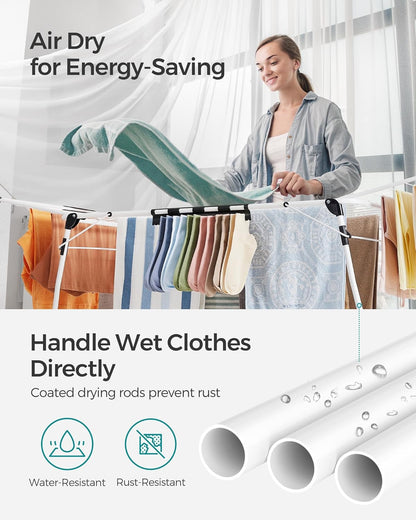 Clothes Drying Rack Foldable, Gullwing Laundry Drying Rack, Space-Saving, 22.2 X 68.1 X 38 Inches, Sock Clips, Metal Structure, for Clothes, Towels, Linens, Indoor, Outdoor White ULLR518W01