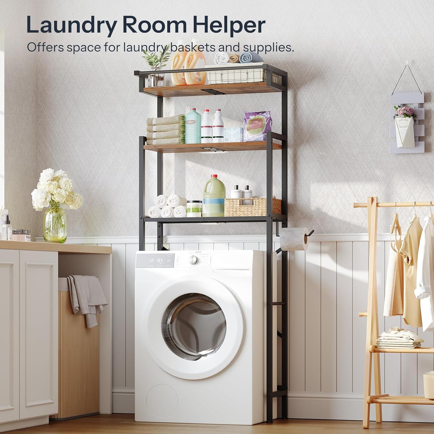 Over-The-Toilet Storage Rack, 3-Tier Bathroom Shelves above Toilet, Bathroom Organizer with Toilet Paper Hook, Laundry Room, Space Saver, Rustic Brown and Black BF21TS01