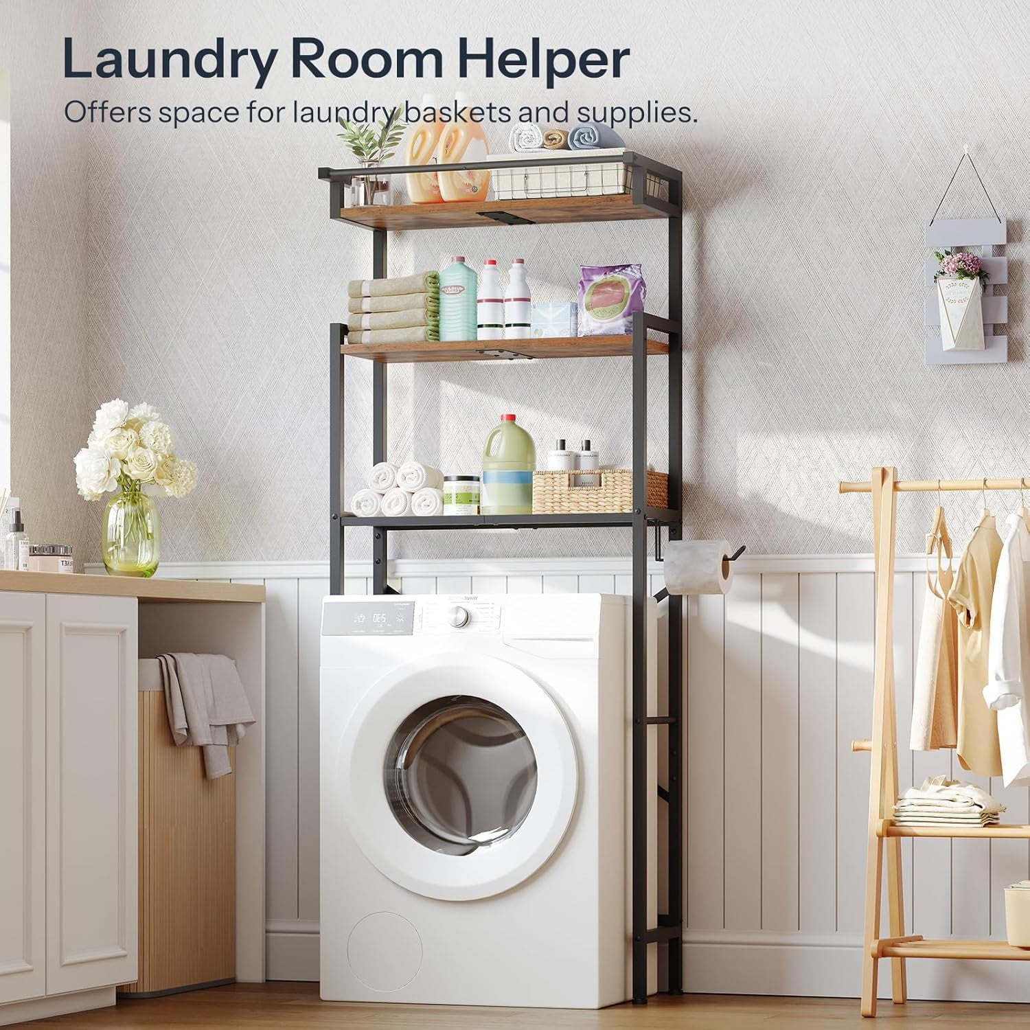 Over-The-Toilet Storage Rack, 3-Tier Bathroom Shelves above Toilet, Bathroom Organizer with Toilet Paper Hook, Laundry Room, Space Saver, Rustic Brown and Black BF21TS01