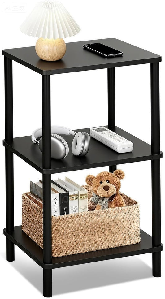 3 Tier Black Side Table ，Small End Table with Solid Wood Legs，28' Tall Bedside Table with Storage Shelf，Nightstand for Small Spaces，Living Room,Bedroom，Bathroom,No Tool Installation