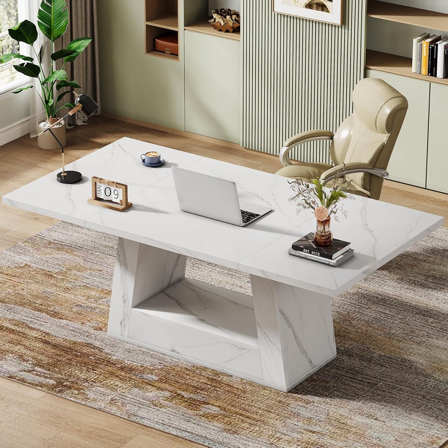 Modern Computer Desk, 63-Inch Large Office Desk Workstation, Simple Style Executive Desk Study Table with Sturdy Base, Wooden Faux Marble Writing Desk for Home Office, White