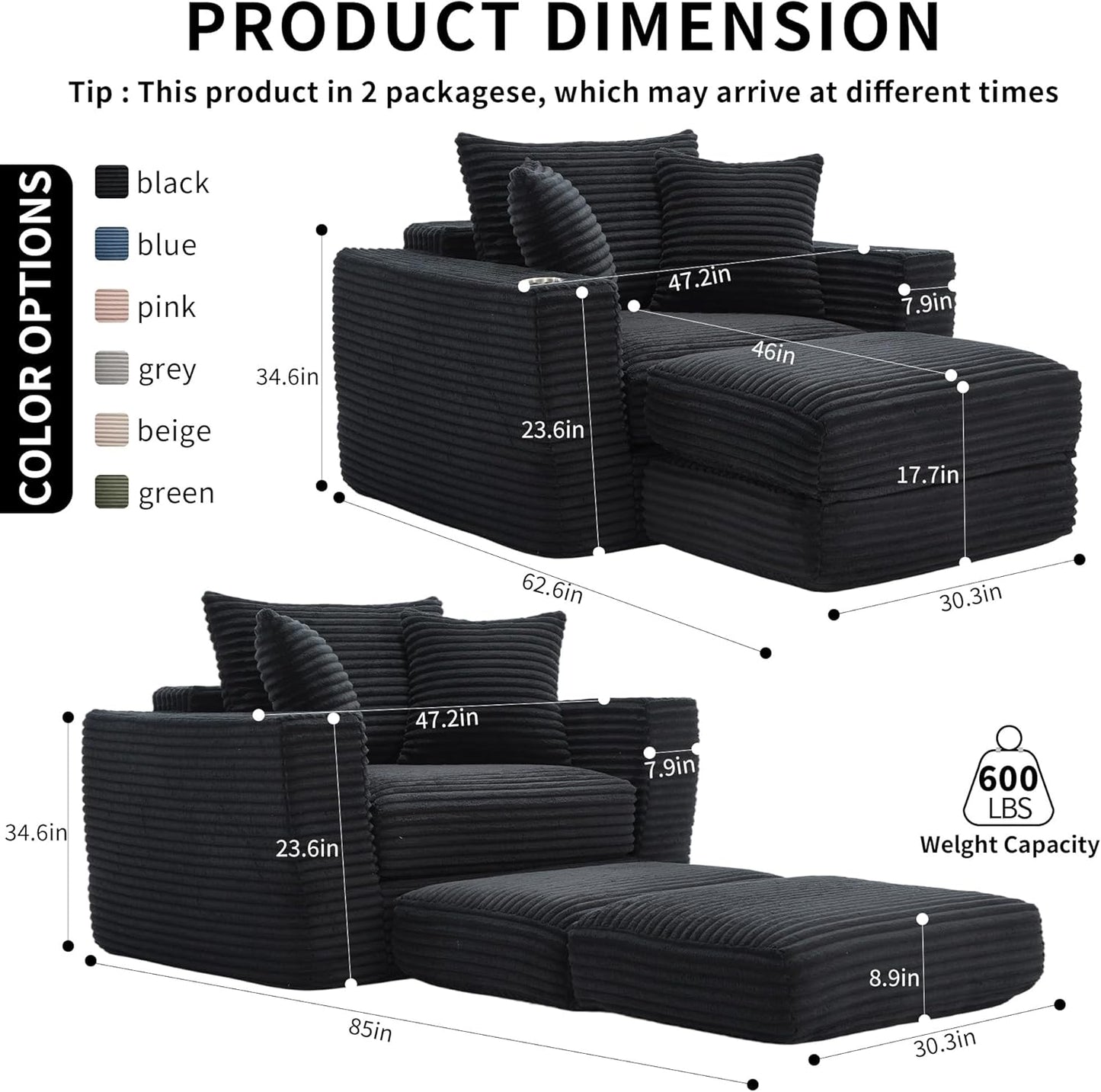 Boneless Chaise Lounge Chair Indoor, All-Foam Convertible Lounge Chair with No Frame, Wide Reclining Floor Lounger for Reading, Napping & Relaxation, No Assembly Needed (Black)