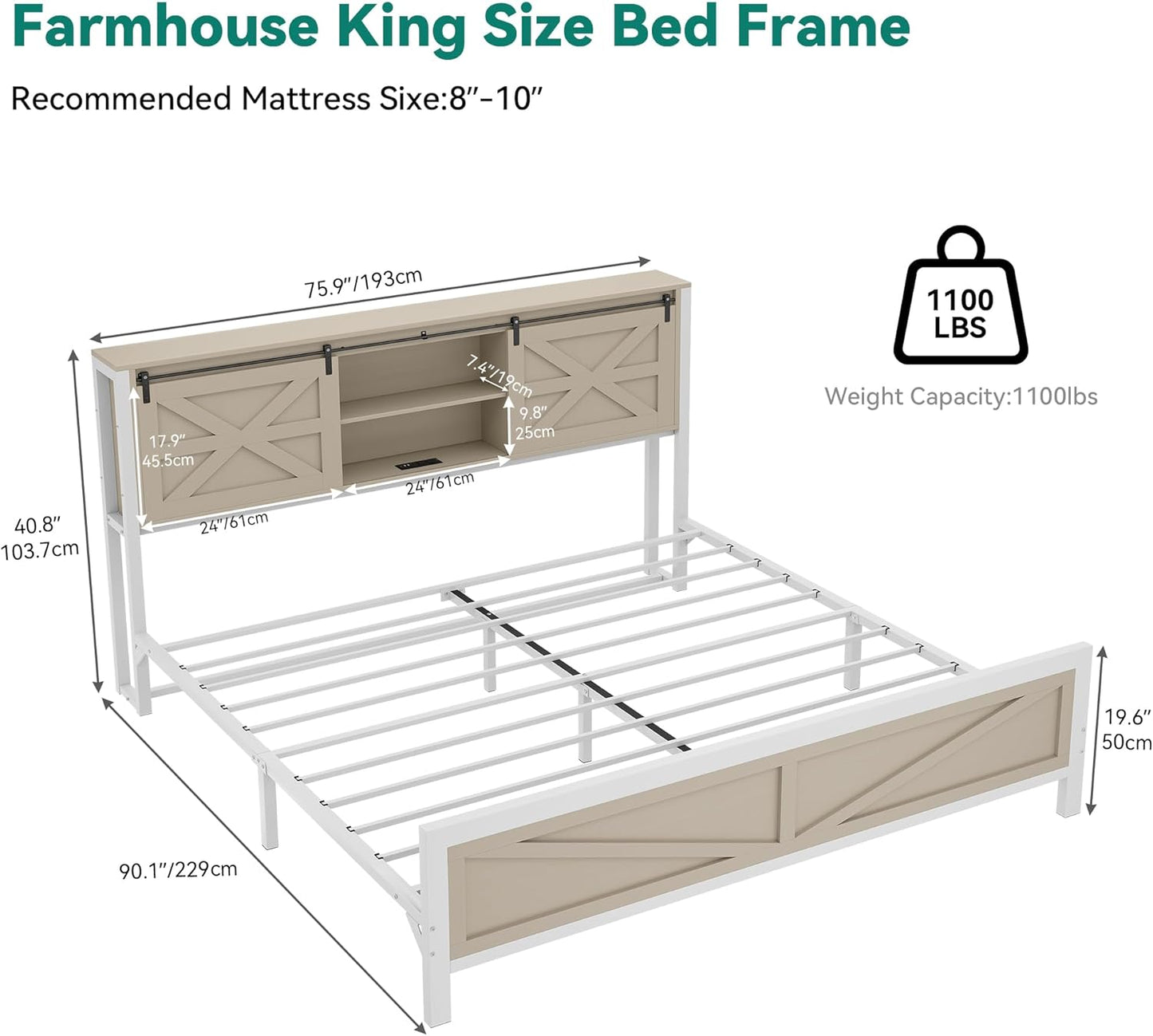​Farmhouse King Size Bed Frame with Headboard, Bookcase Storage Shelves, Sliding Barn Door, Charging Station, Rustic Wood Platform Bed, No Box Spring Needed, Oak