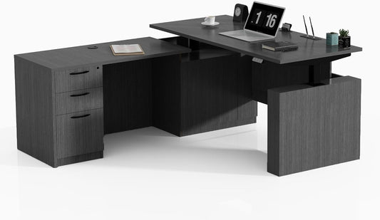 66.93'' L Shaped Executive Standing Desk with Pre-Assembled Frame & Lockable Cabinets, Height Adjustable Desk Dual-Motor Sit-Stand Workstation for Corporate & Home Office (Grey)