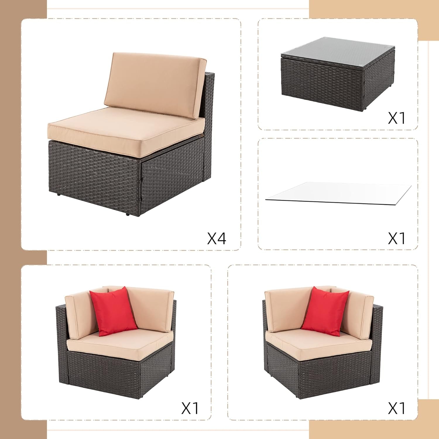 7 Pieces Patio Furniture Sets Outdoor All-Weather Sectional Patio Sofa Set PE Rattan Manual Weaving Wicker Patio Conversation Set with Glass Table&Ottoman Cushion and Red Pillows, Beige