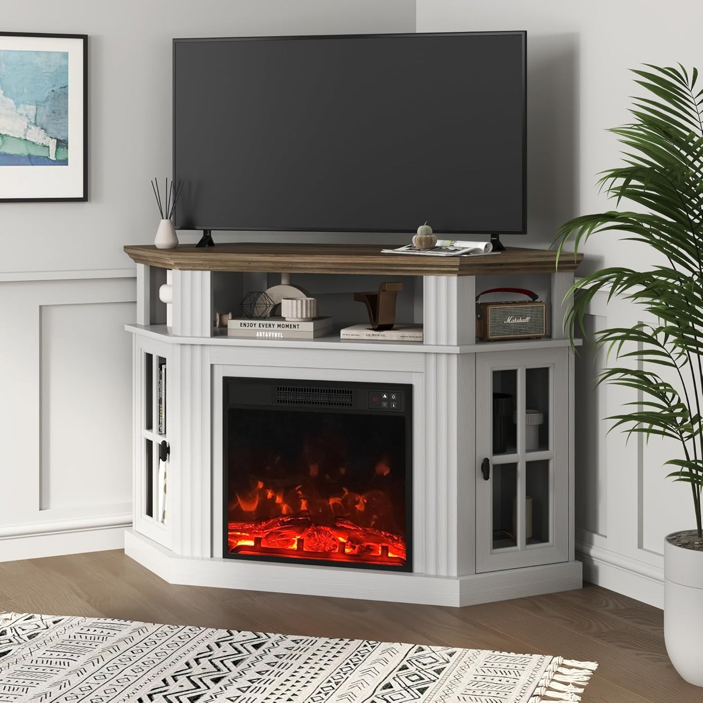 Corner Fireplace TV Stand for Television up to 55" with Storage Cabinets, Entertainment Center, Media Console for Living Room, Bedroom, White＆Rustic