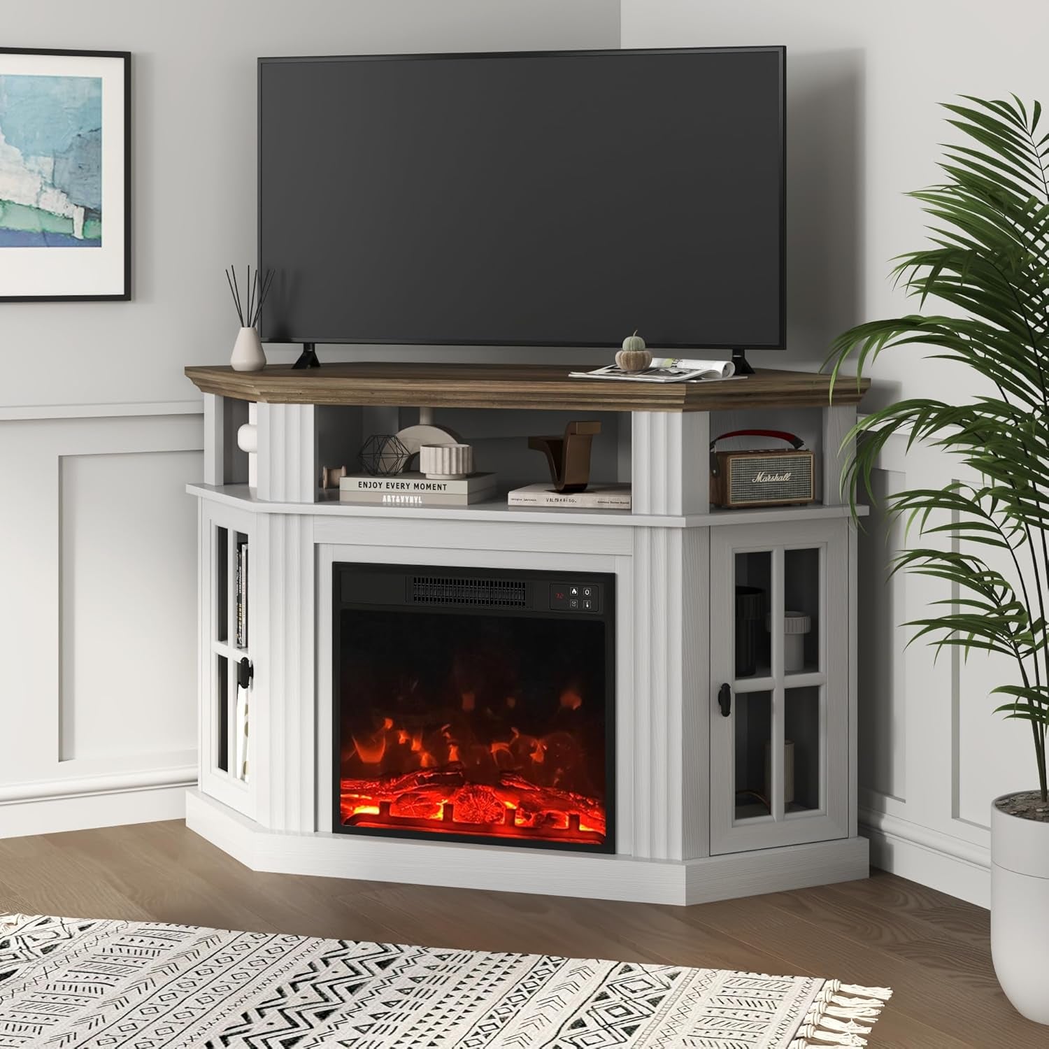 Corner Fireplace TV Stand for Television up to 55" with Storage Cabinets, Entertainment Center, Media Console for Living Room, Bedroom, White＆Rustic