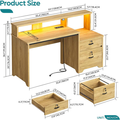 55" Computer Desk with Power Outlets & LED Lights, Home Office Desk with Lockable File Drawer & Printer Shelf, Monitor Stand, Modern Workstation for Gaming Study, Natural Oak