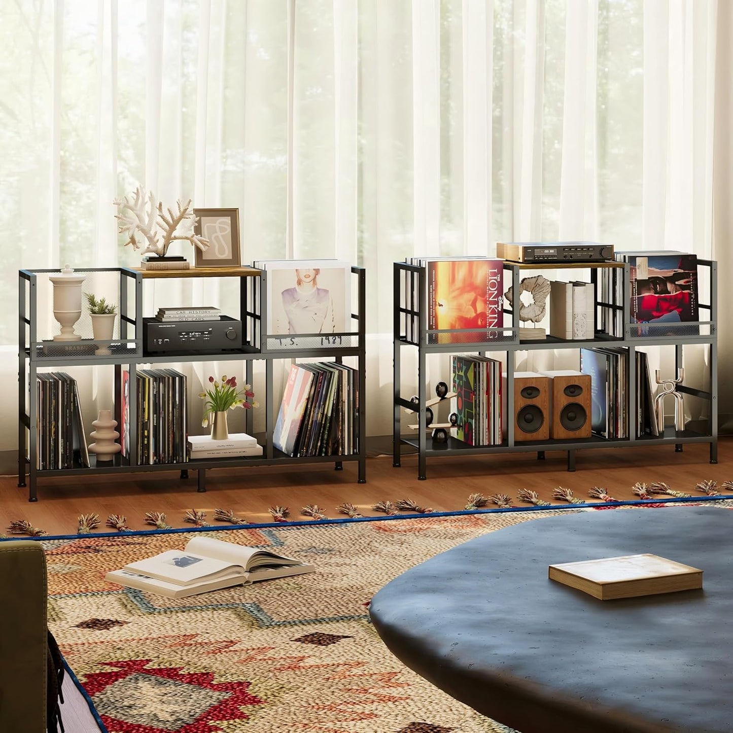 Record Player Stand, Turntable Stand with 3-Compartment Vinyl Storage Cabinet, Holds 300+ Albums, Sturdy Record Player Table for Living Room & Music Room