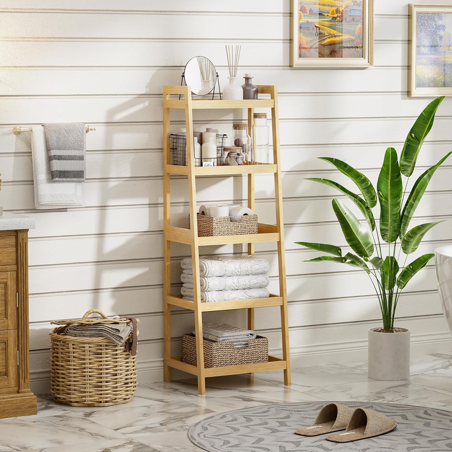 Bookshelf, 5 Tier Ladder Bookcase with Bamboo Frame, Freestanding Tall Narrow Display Plant Shelf for Living Room, Kitchen, Bedroom, Balcony, Natural