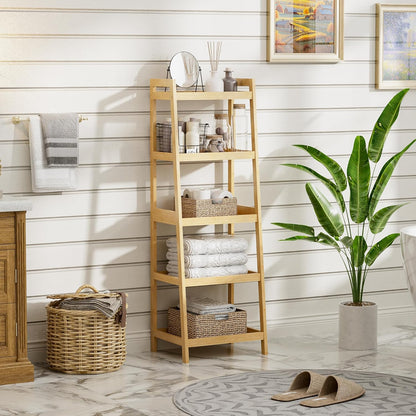 Bookshelf, 5 Tier Ladder Bookcase with Bamboo Frame, Freestanding Tall Narrow Display Plant Shelf for Living Room, Kitchen, Bedroom, Balcony, Natural
