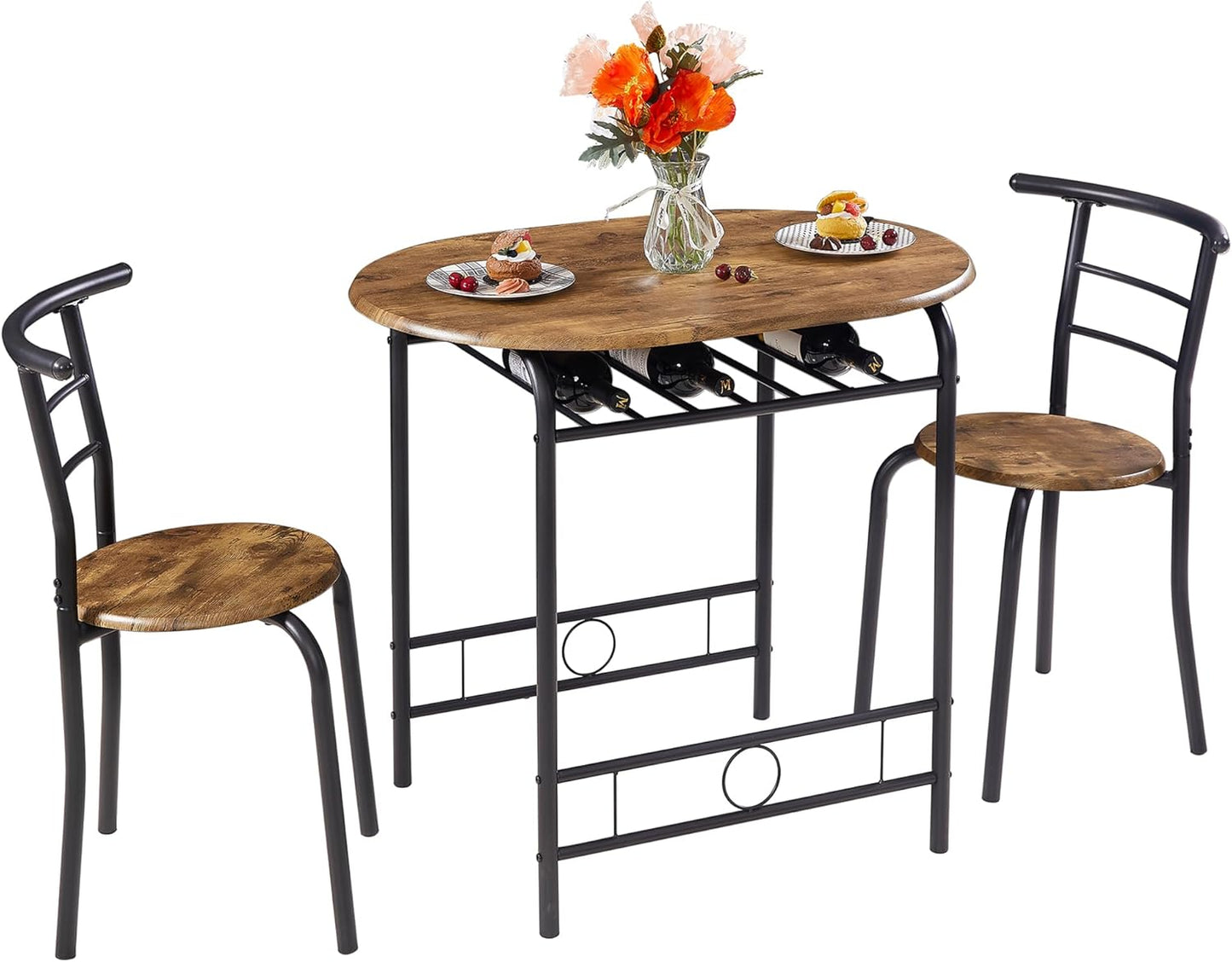 3 Piece Small round Dining Table Set for Kitchen Breakfast Nook, Wood Grain Tabletop with Wine Storage Rack, save Space, Antique & Black