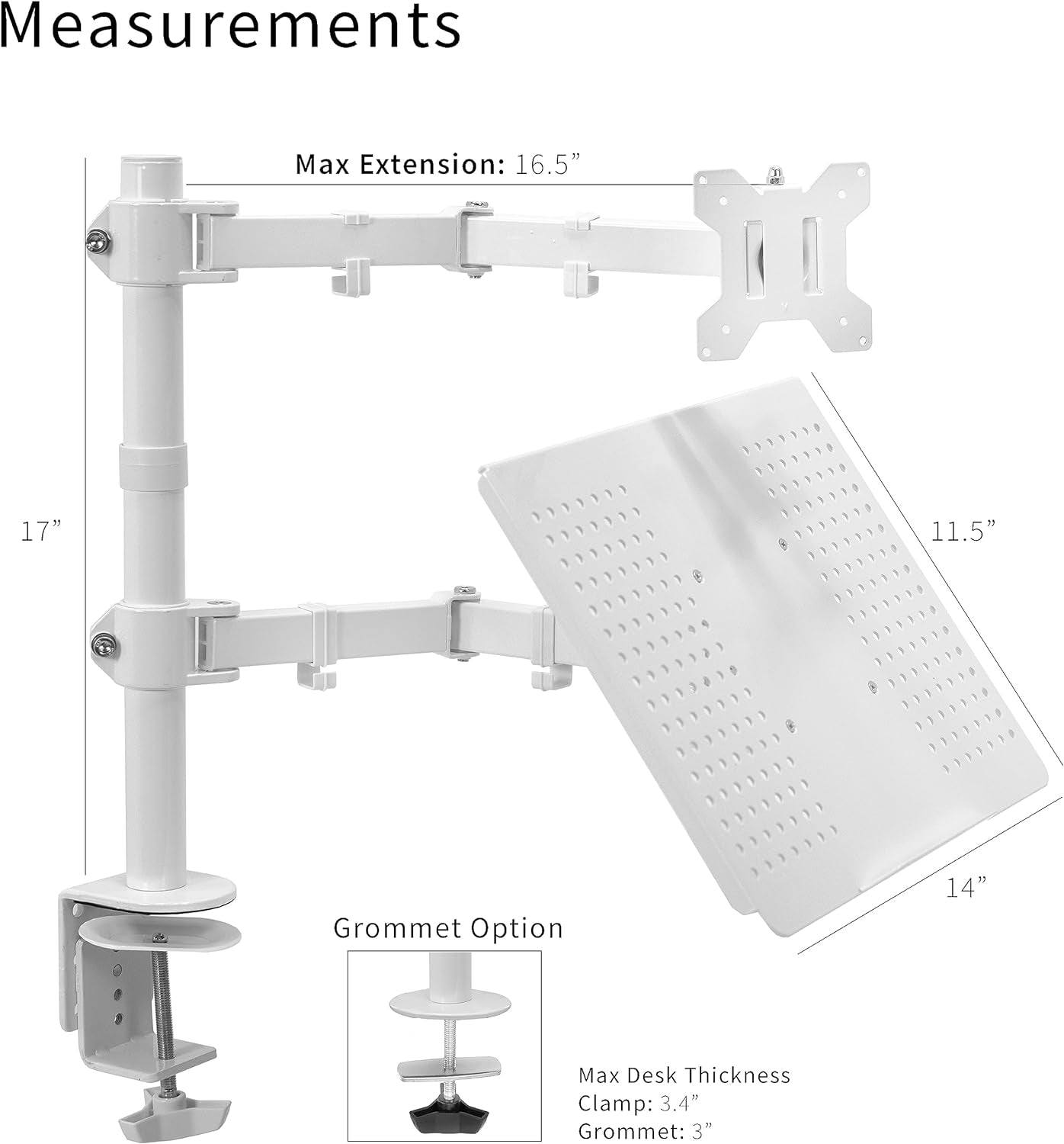 Fully Adjustable 13 to 32 Inch Single Computer Monitor and Laptop Desk Mount Combo, Stand with Grommet Option, Fits up to 17 Inch Laptops, White STAND-V002CW