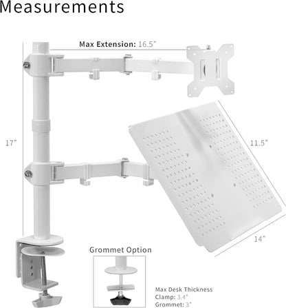 Fully Adjustable 13 to 32 Inch Single Computer Monitor and Laptop Desk Mount Combo, Stand with Grommet Option, Fits up to 17 Inch Laptops, White STAND-V002CW