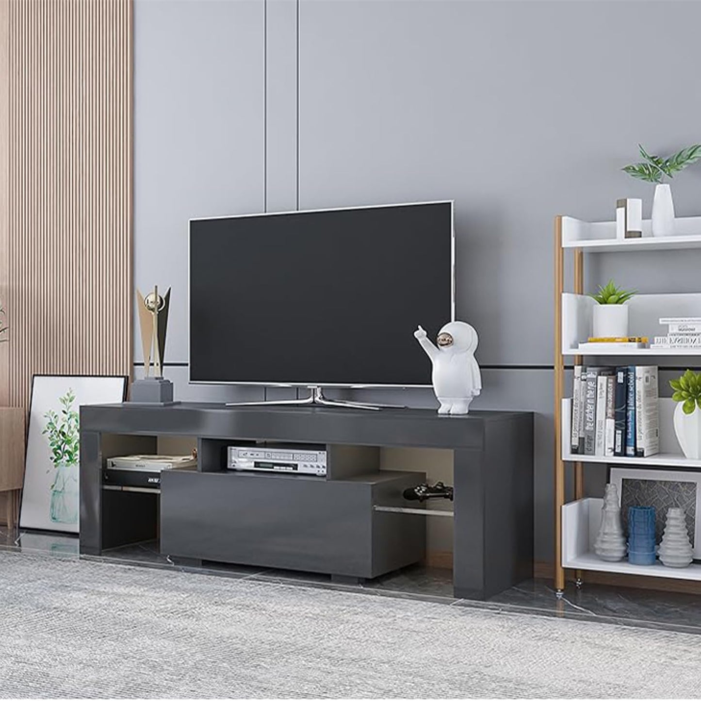 LED TV Stand for Televisions up to 55 Inchs,Modern Entertainment Center with Storage Drawer and Glass Shelf, TV Console Table for Living Room,Bedroom (Black, 50In)